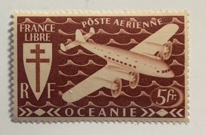 French Oceania 1942 Scott C5 MNH - 5fr,  Plane and Cross of Lorraine