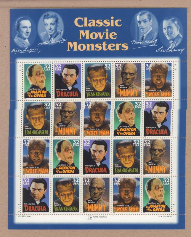 3168-72  Classic Movie Monsters-Karloff, Lugosi.  MNH 32 Cents Sheet of 20