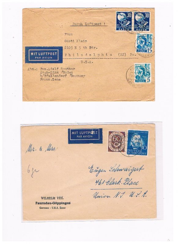 2 German airmail covers from Germany to the US 