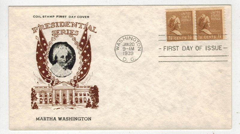 1938 PRESIDENTIAL SERIES FDC NICE CACHETCRAFT 840-43 MARTHA WASHINGTON COIL PAIR