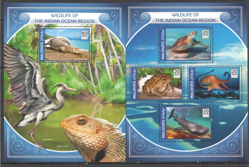 HM0520 2018 MALDIVES WILDLIFE INDIAN OCEAN BIRDS MARINE LIFE #7408-1+BL1147 MNH