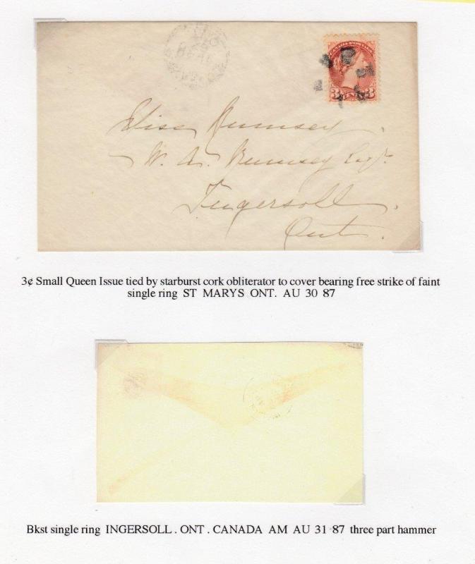 CANADA(KK9)  3cts SMALL QUEEN CORK OBLITERATOR ST MARY'S TO INGERSOLL COVER 1887