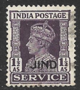 INDIA ICS JIND 1940-43 KGVI 1 1/2a Dull Purple OFFICIAL Scott No. O67 VFU