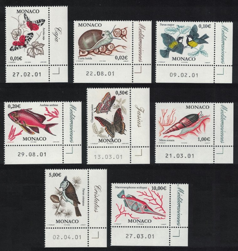 Monaco Butterflies Birds Fishes Snails Fauna 8v Corners Dates 2002 MNH