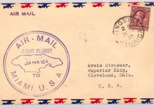 JAMAICA KGV Air Mail Cover USA FIRST FLIGHT Kingston Ohio Cleveland 1930 ZC11