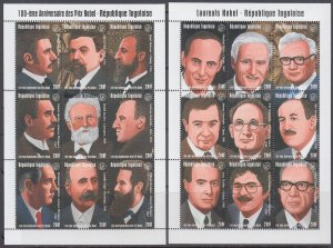 TOGO Sc # 1658-9  CPL MNH 2 SHEETS of 9 each NOBEL PRIZE LAUREATES
