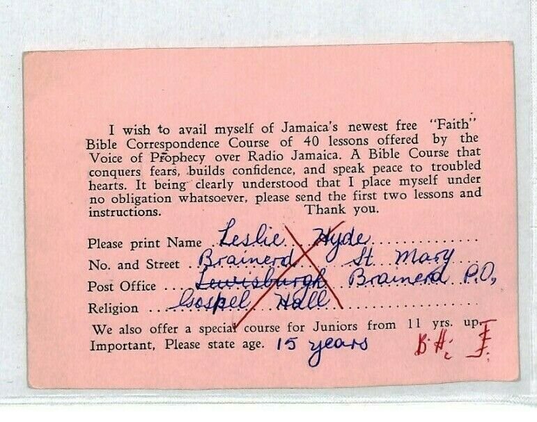 JAMAICA *Lewisburgh* CDS Voice of Prophecy 1969 Reply Card {samwells-covers}CY26