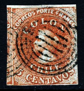 CHILE 1855 5c. COLON SECOND LONDON PRINTING Chile #7 Scott # 8 SG 17 Watermark 2