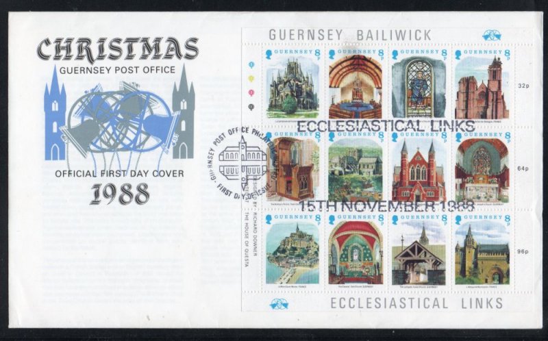 Guernsey Sc 400 1988 Christmas Churches stamp sheet on FDC