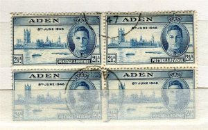 ADEN; 1946 early GVI Victory issue fine used Postmark BLOCK of 4