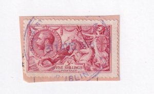 GB SG 410  VF-USED KGV 5sh BRITANNIA RULES THE WAVES DUBLIN BLUE CANCEL CV $608