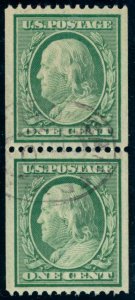 US 348 1c 1908 double line watermark perf 12 vertical coil pair PSAG cert used