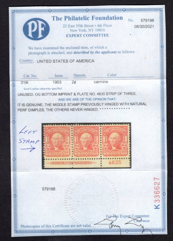 US #319Fi  Fine, w/Original Gum. Never Hinged.