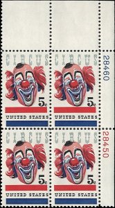 Scott # 1309 1966 5c red, bl, pink & blk  Circus Clown  Plate Block - Upper R...