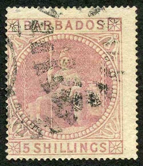 Barbados SG64 5/- Dull Rose wmk Small Star (sideways) Light bend