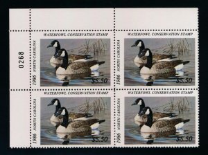 US 1986 NORTH CAROLINA STATE DUCK NC4 MINT VF NH PLATE BLOCK