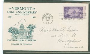 US 903 1941 3c Vermont/150th anniversary of statehood on an addressed first day cover with a Montpelier (VT) chamber of commerce