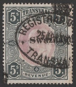 SWAZILAND 1904 Swaziland on KEVII Transvaal Revenue 5/- variety shifted to right