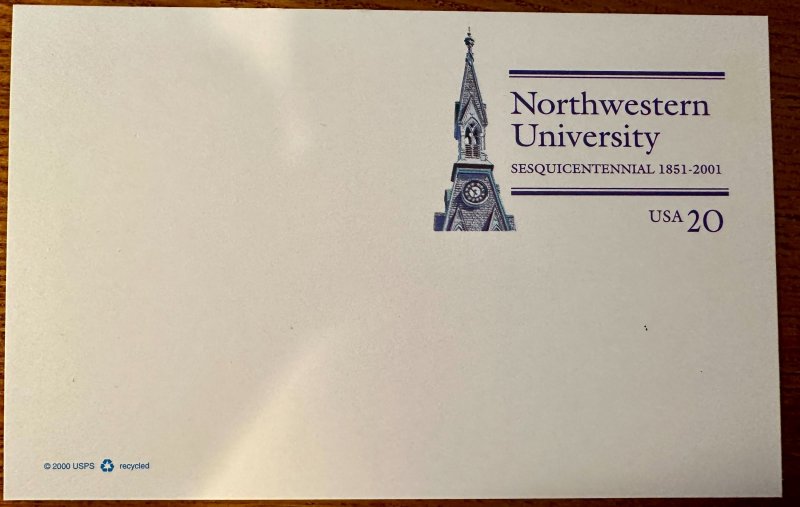 US # UX363 Northwestern University postal card 20c 2001 Mint NH