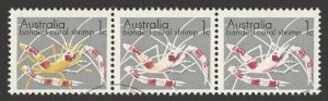 AUSTRALIA 1973 Shrimp 1c strip variety 'yellow OMITTED'. ACSC 635cc cat $2500.