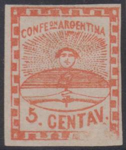 ARGENTINA 1858 CONFEDERATION Sc 1v GJ# 1f RETOUCH AT BOTTOM POS 103 PLT. B CV$60 