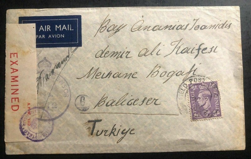 1942 Palestine British Field Post Airmail Censored Cover To Balikeser Turkey