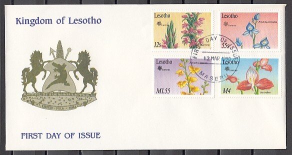 Lesotho, Scott cat. 756, 758, 760, 763. Orchids, Part 1. First day Cover. ^