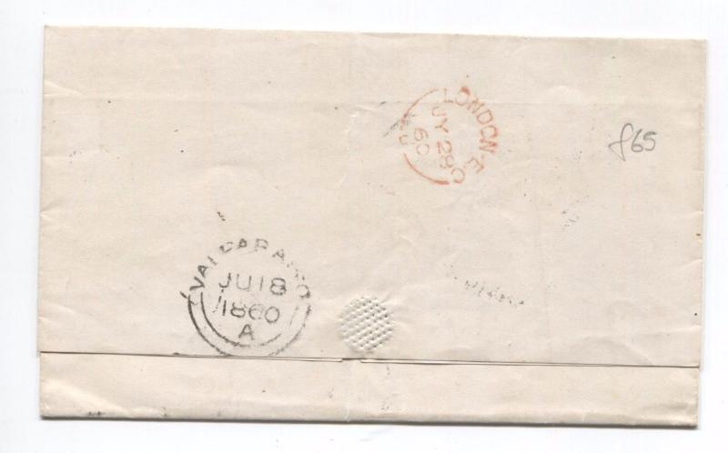 I325 1860 CHILE BRITISH POST OFFICE *Valparaiso* CDS Transatlantic GB Via Panama