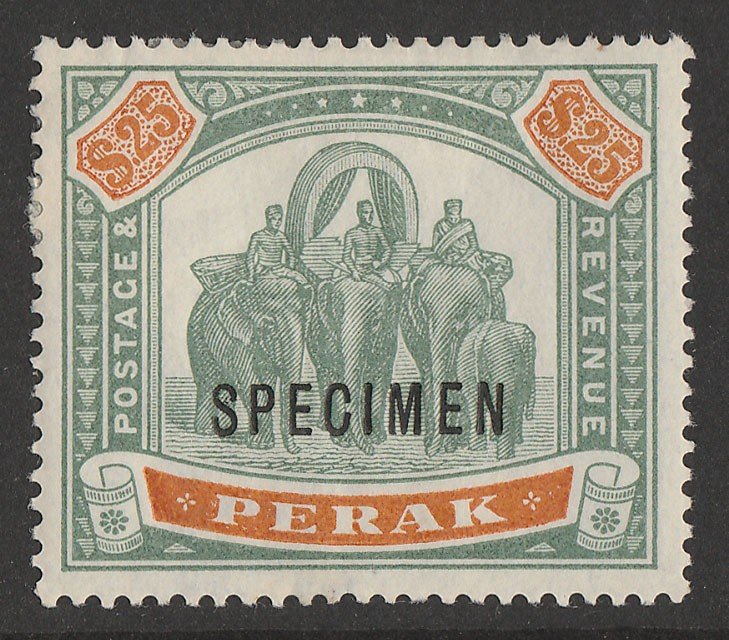 MALAYA - PERAK : 1895 Elephants $25 SPECIMEN. normal cat £12,000.