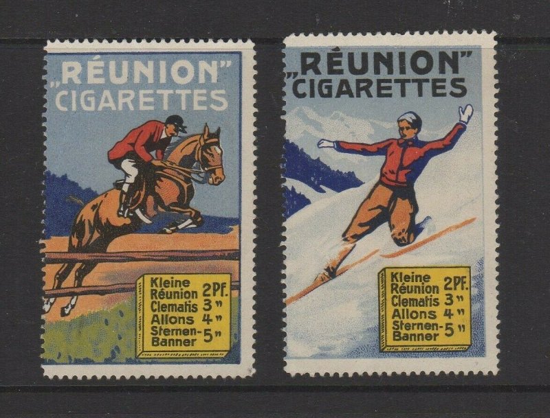 Germany- Pair Reunion Brand Cigarettes Advertising Stamps Horse Rider & Skier NG 