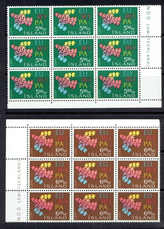 ICELAND - 1992 EUROPA DOVE - BLOCKS OF NINE - SCOTT 340 TO 341 - MNH