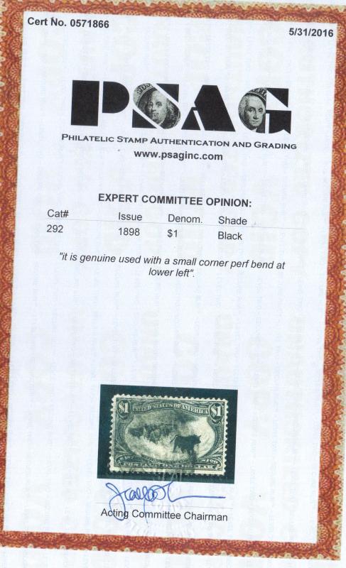 USA #292 Used **With Certificate**