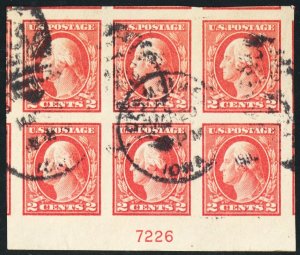 409, Used 2¢ Superb JUMBO Bottom Plate Block of Six Stamps * Stuart Katz