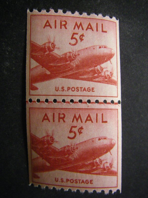 Scott C37, 5c DC4 Skymaster, Line Pair, MNH Airmail Coil Beauty, CV $10