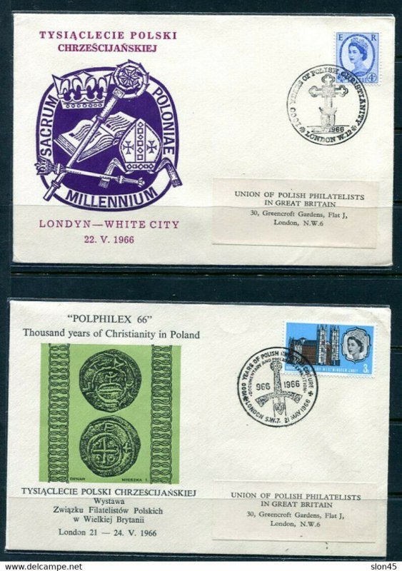 Great Britain 1966 2 Covers 1000 years Christianity in Poland  11630