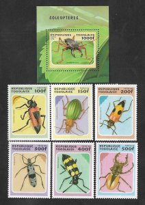 SD)1996 TOGO COMPLETE SERIES BEETLES, SOUVENIR SHEET AND 6 MNH STAMPS