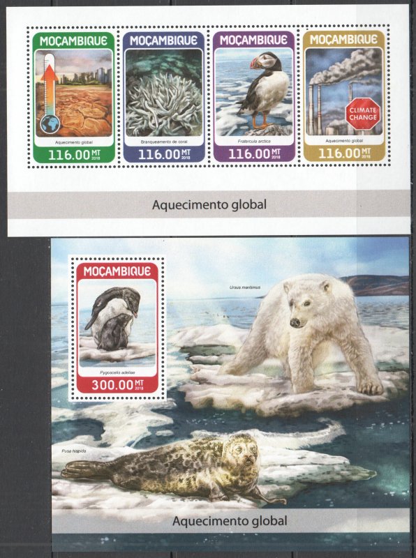 HM1314 2018 MOZAMBIQUE POLAR BEARS PENGUINS GLOBAL WARMING #9629-2+BL1366 MNH