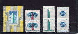 POLAND 1957 UNITED NATIONS 2 SETS OF 3 STAMPS PERF. & IMPERF. & S/S MNH