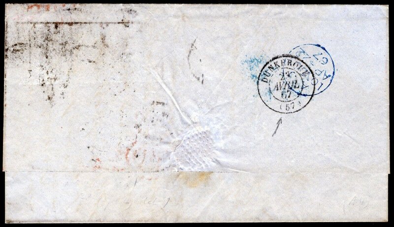 GB 2d BLUE Cover London 1867 CHANNEL PAQUEBOT FRANCE Dunkirk D165