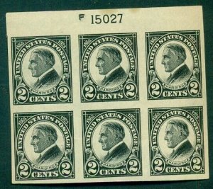 US #611, 2¢ black imperforate, Plate No. Block of 6, og, VLH at top, rest NH