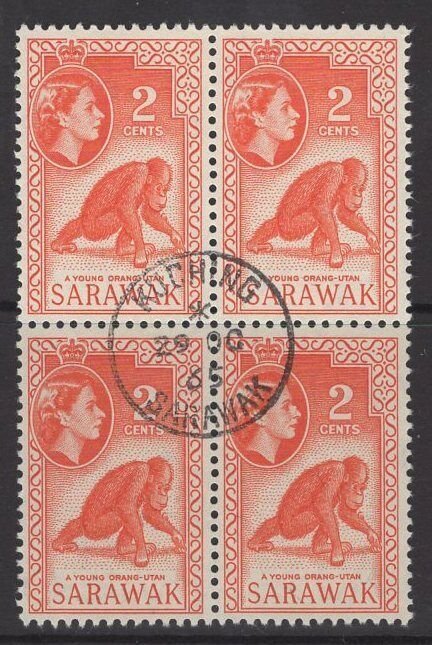 SARAWAK SG205 1965 2c RED-ORANGE FINE USED BLOCK OF 4