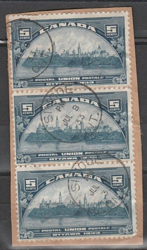 #202 Canada Used strip of 3 on paper