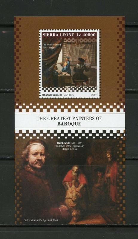 SIERRA  LEONE 2018 GREATEST BAROQUE PAINTERS VERMEER & REMBRANDT S/S   MINT NH