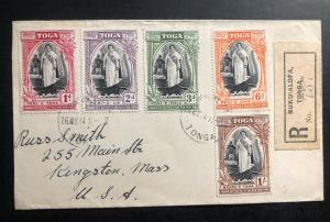 1944 Nukualofa Tonga Toga Registered Cover to Kingston Ma USA Sg #83-87 stamps