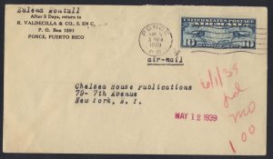 US 1939 PONCE PUERTO RICO AIR MAIL COVER TO NY