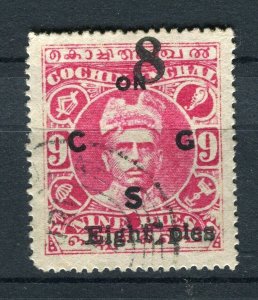 INDIA COCHIN; Early 1900s Local Raja issue used surcharged value EIGHT PIES
