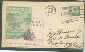 US 568 1929 25c Niagara Falls franking this First Flight Cover from San Juan to Paramaribo (flown by Charles Linbergh?) two cach