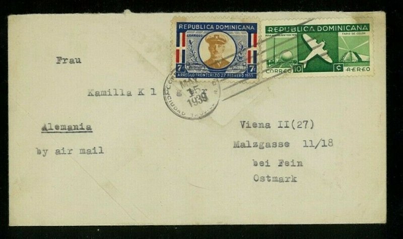 Dominican Republic 1939 Airmail Ciudad Trujillo to Vienna franked Scott 301, C33