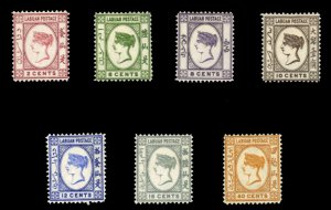 Labuan #33-39 Cat$138.75, 1892 2c-40c, hinged