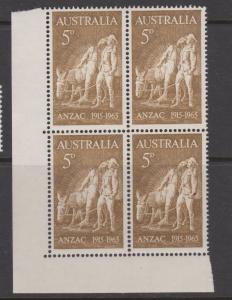 Australia 1965 ANZAC Sc#385 Corner Block of 4 Mint Hinged on 2 stamps